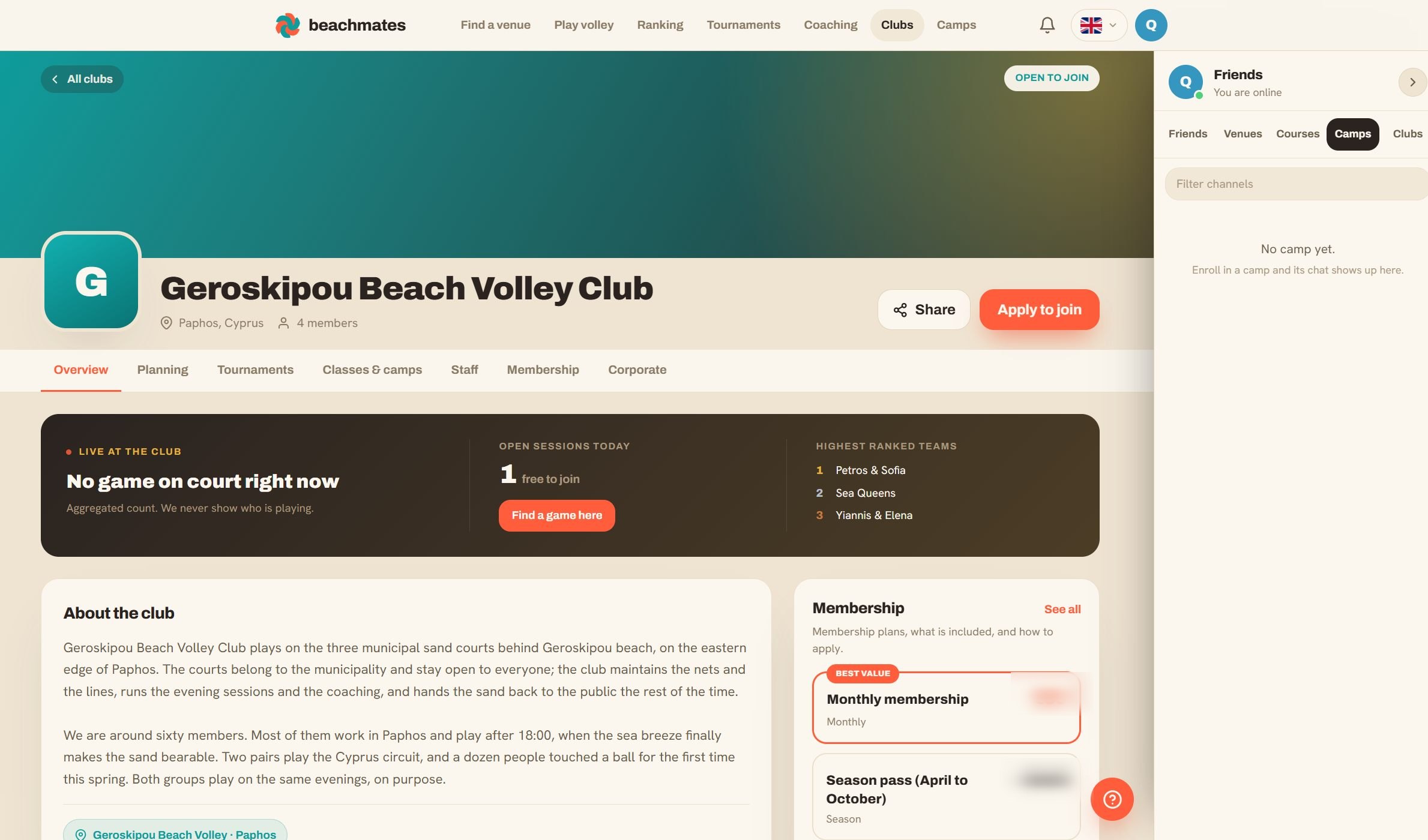 Public club page on Beachmates with its sections and membership plans