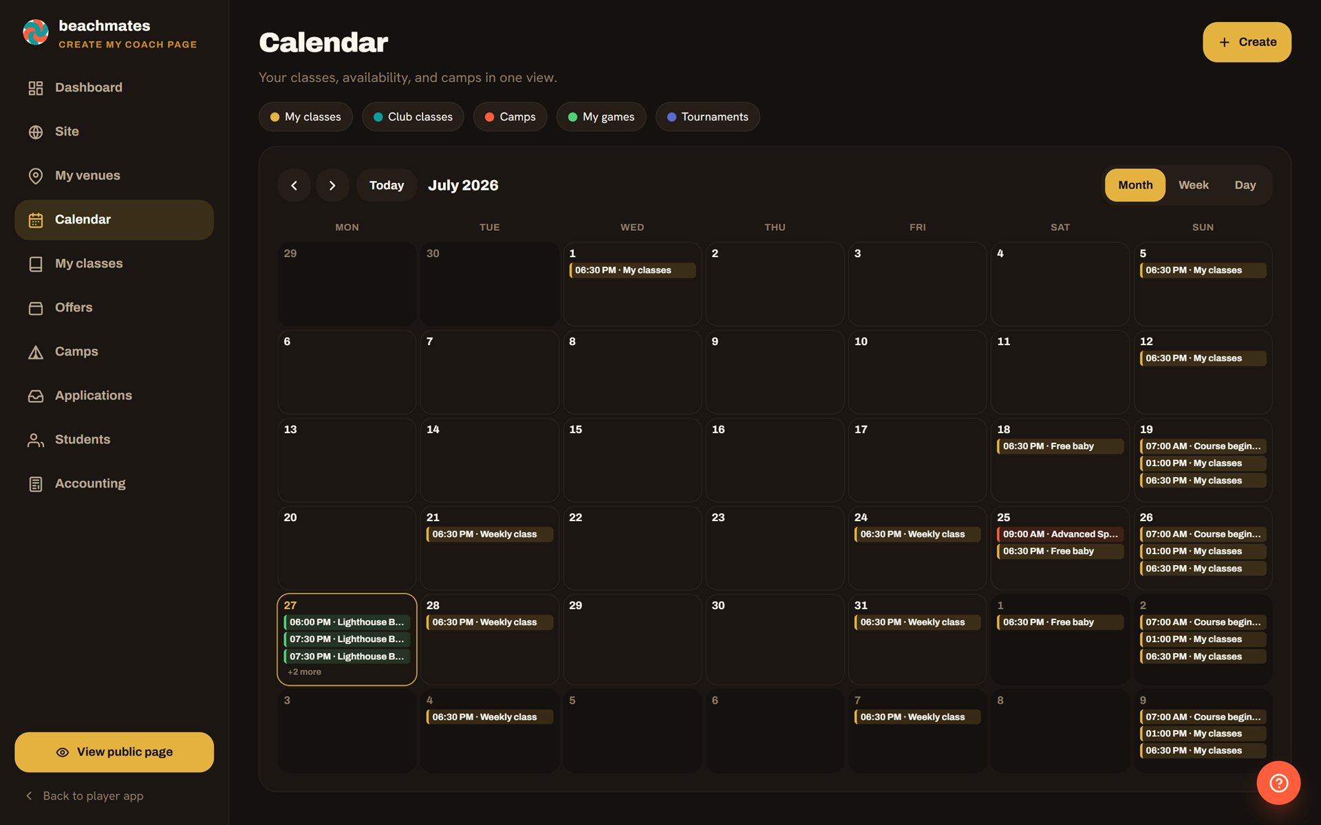 Coach Studio calendar showing a full month of classes, sessions and camps