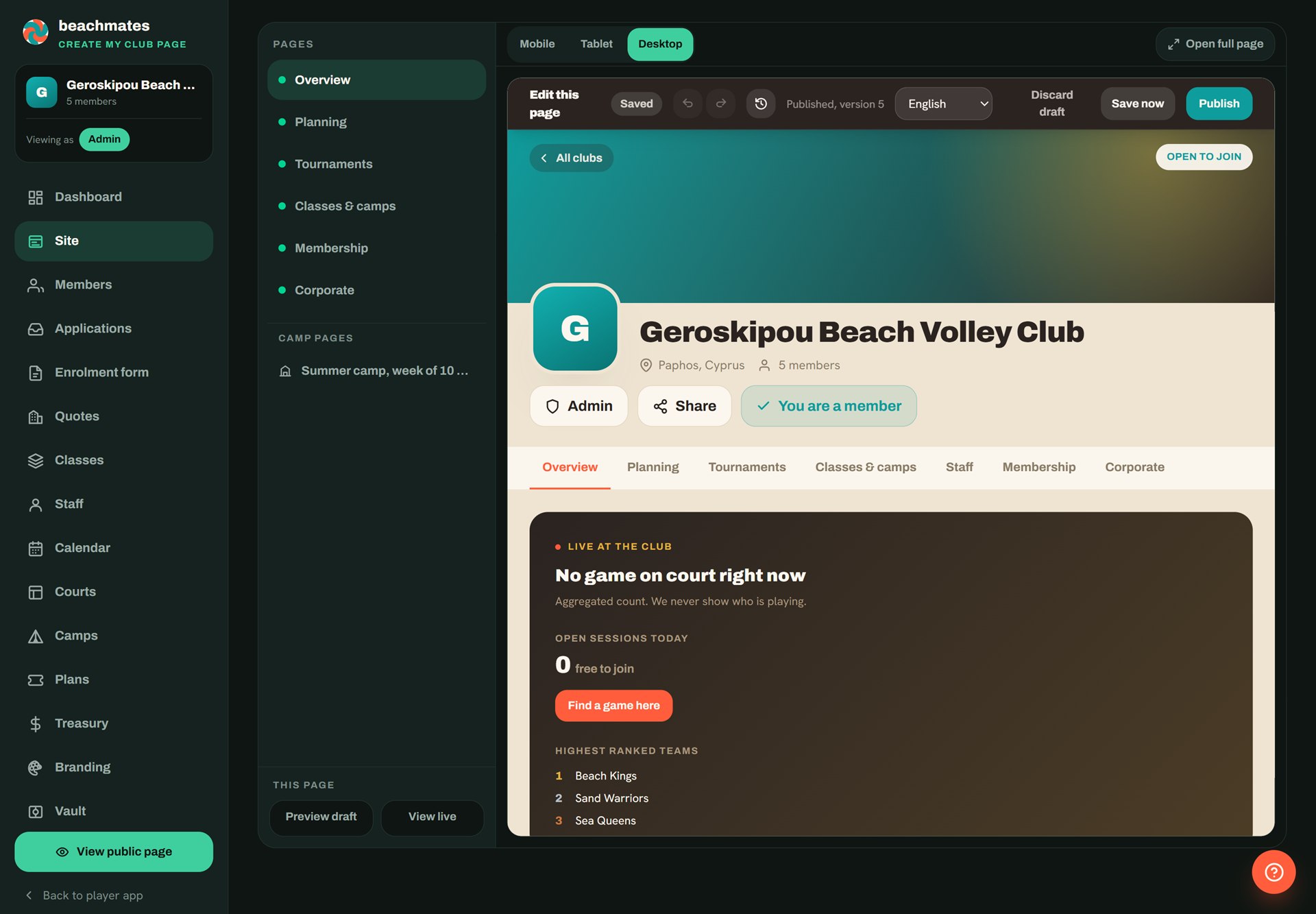 Club studio on Beachmates, the club page list with its live preview and the publish controls